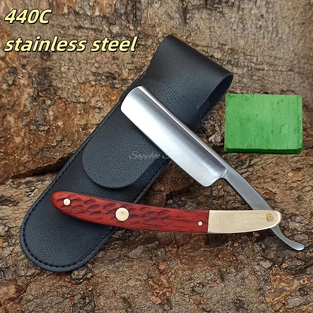 4pcs/set German Carbon Steel Straight Edge Razor 440C Professional Hair Salon Beard Shaver Stainless Steel Red Sandalwood Handle