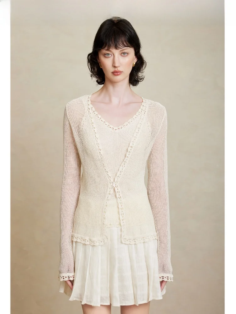 

Вязаный тонкий кардиган ручной работы с кружевной отделкой, весенний, в непринужденном стиле, элегантный, из шелковой пряжи, с V-образным вырезом, с длинными рукавами, женский топ