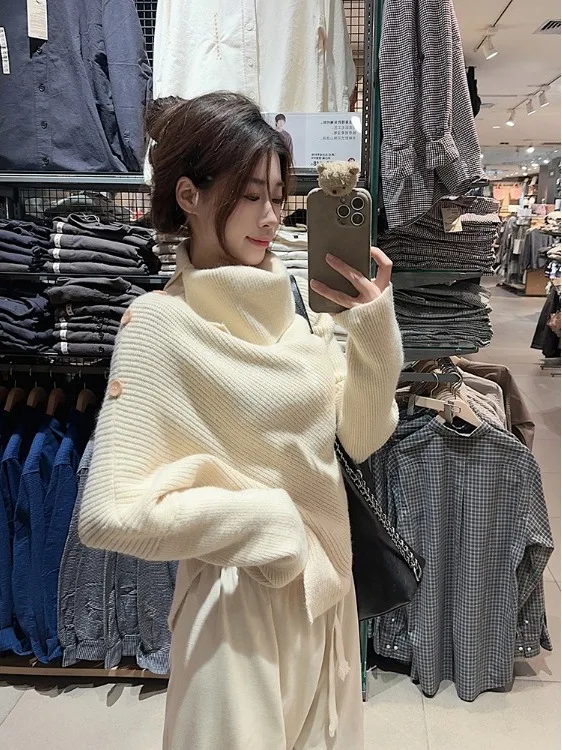 Hoher Kragen, langer Sve, lockerer Strickpullover, asymmetrisches Design, Herbst-Winter-Damen-Cardigan, warme Thermo-Kleidung