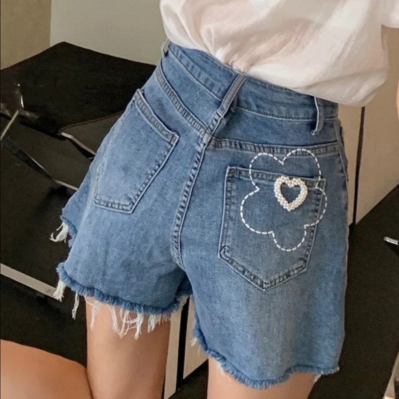 

Embroidery Flower Pockets Denim Shorts Women 2022 New Summer High Waist Tassel Jeans Shorts Pants