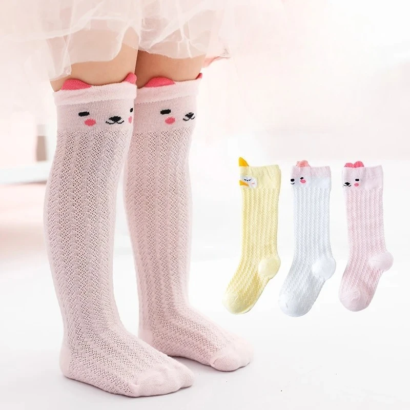 

Хлопковые однотонные сетчатые носки до колена для новорожденных, летние дышащие эластичные милые носки с изображением животных для маленьких девочек и мальчиков