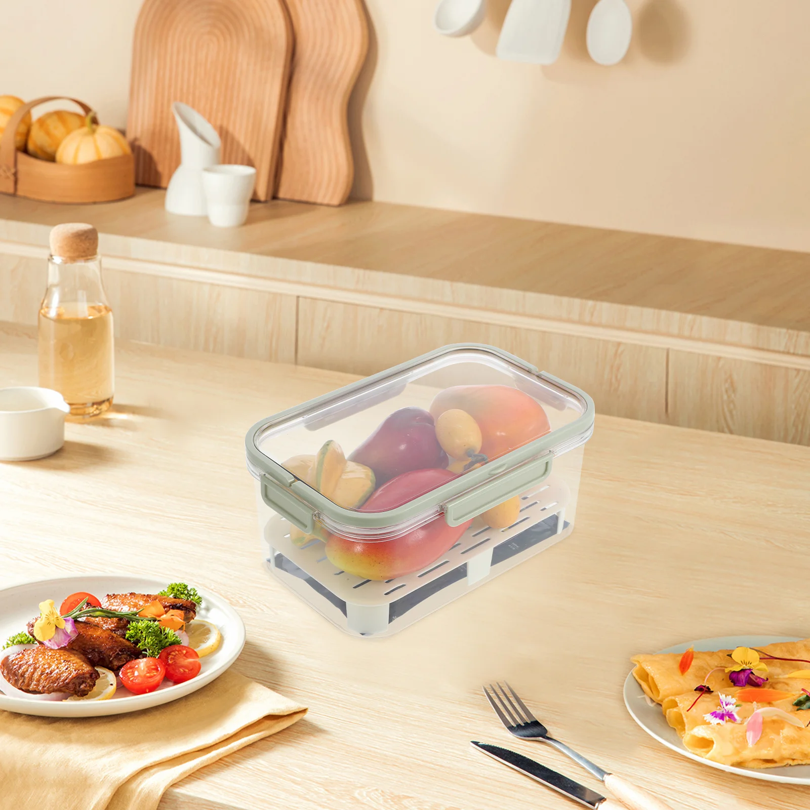 

Portable Freshness Storage Containers Round Edge Fridge Organizer Bin Drain Plate For Fruits Vegetables Meat Canned Food