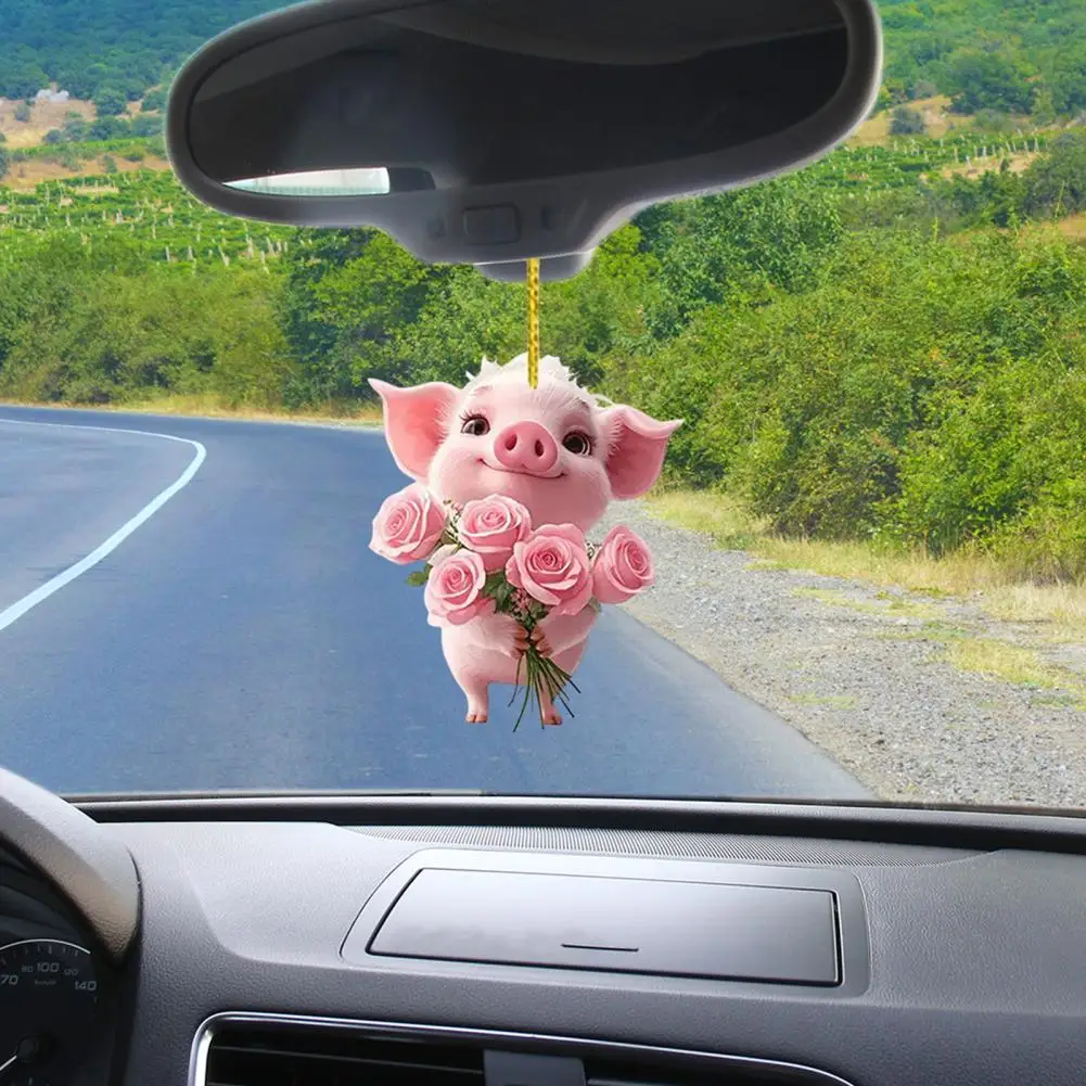 2025 Christmas Piggy Pendant Cute Pig Flower Rearview Mirror Pendant Acrylic Car Interior Hanging Decoration Funny Piggy Charms