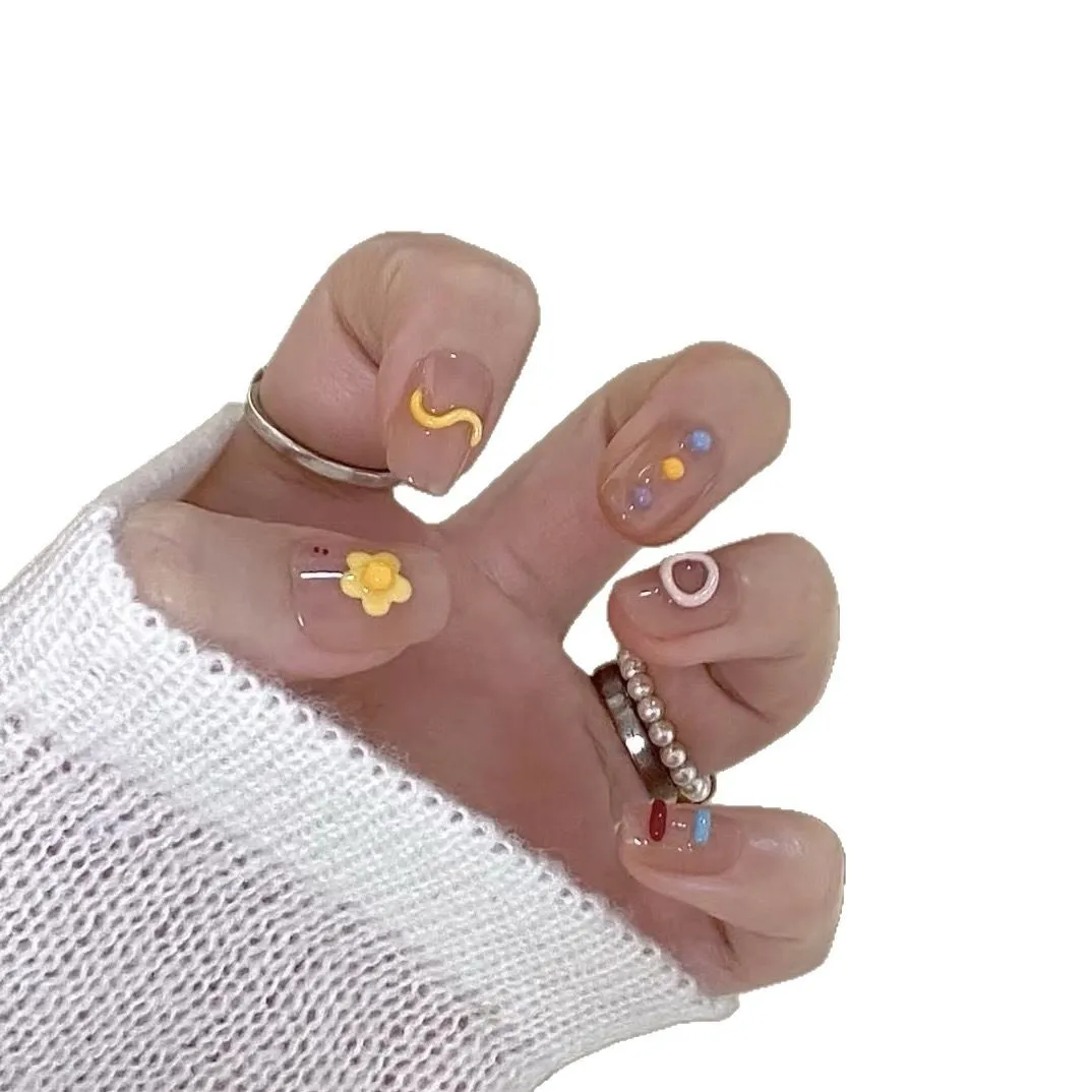 10 pièces belle presse à la main sur les ongles fleurs coloré Design 3D court mignon faux ongles portable ongles conseils Art pour les filles d'été