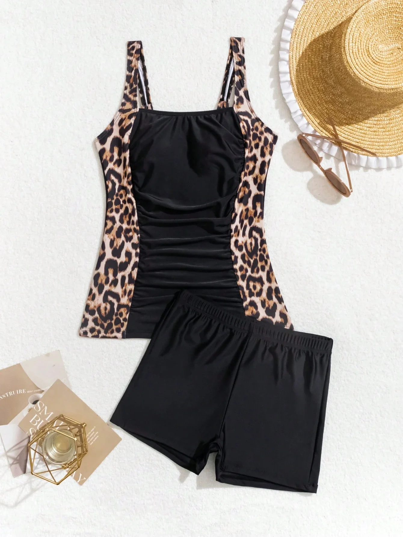 Leopard Print Tankini Top And Shorts Set Women Solid Black Sleeveless Ruched Swimwear For Beach Vacation