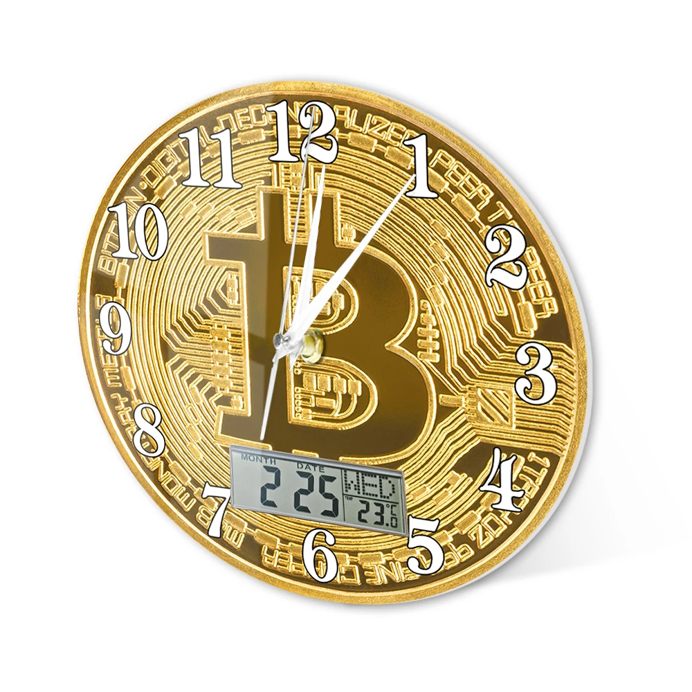 Bitcoin Symbol Printed Wall Clock with LCD Display Golden Coin Cryptocurrency Decor Silent Clock Perpetual Calendar Temperature view 3