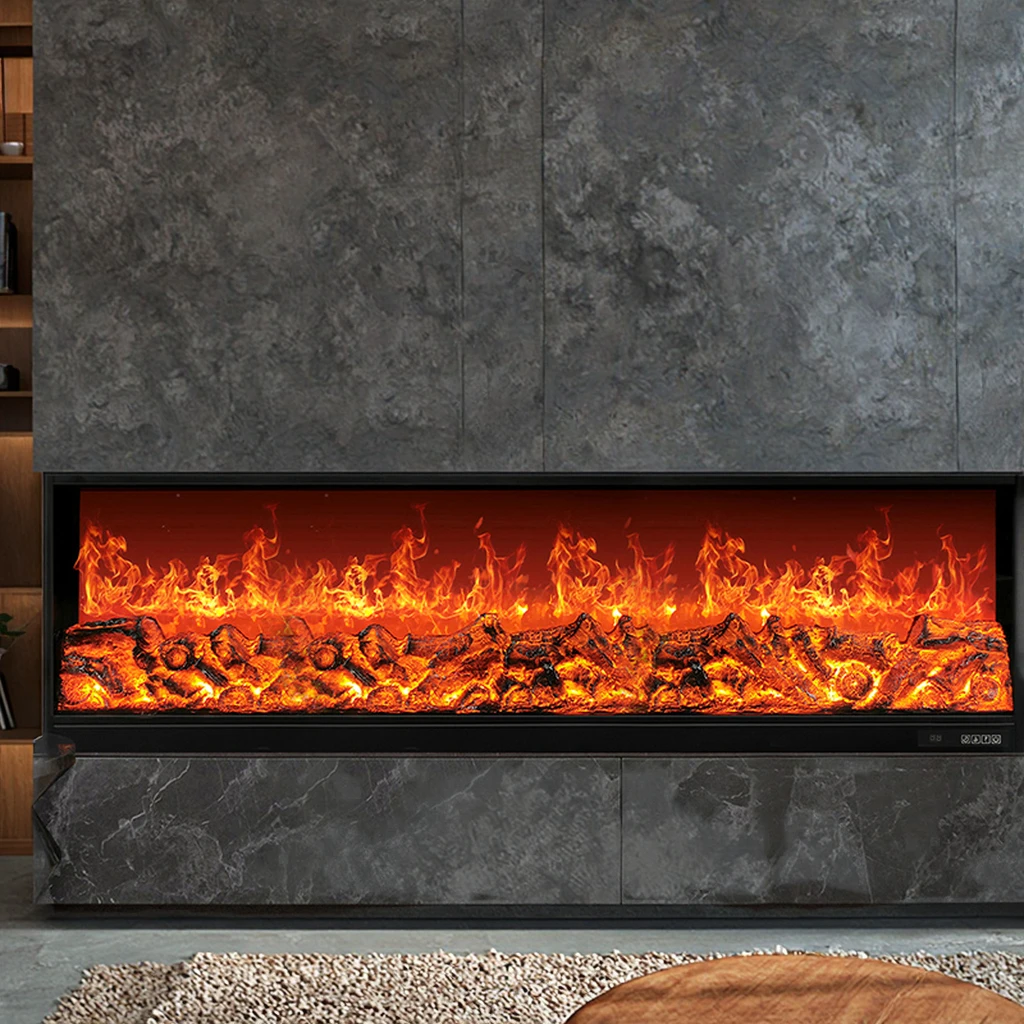 60-Inch Modern 2D Electric Fireplace Heater Color-Changing Flame Remote Control Wall Mounted for Home Commercial Hotels Steel