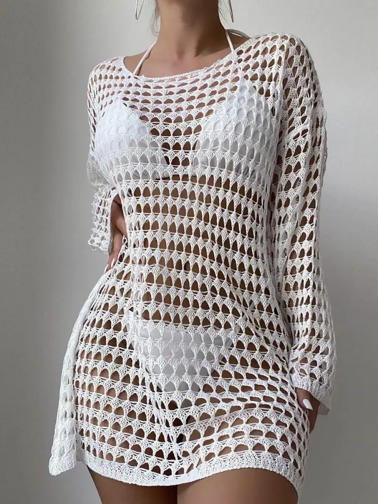 Feminino sólido oco para fora manga longa em torno do pescoço envoltório hip praia estilo blusa mini vestidos verão casual sexy férias vestido curto