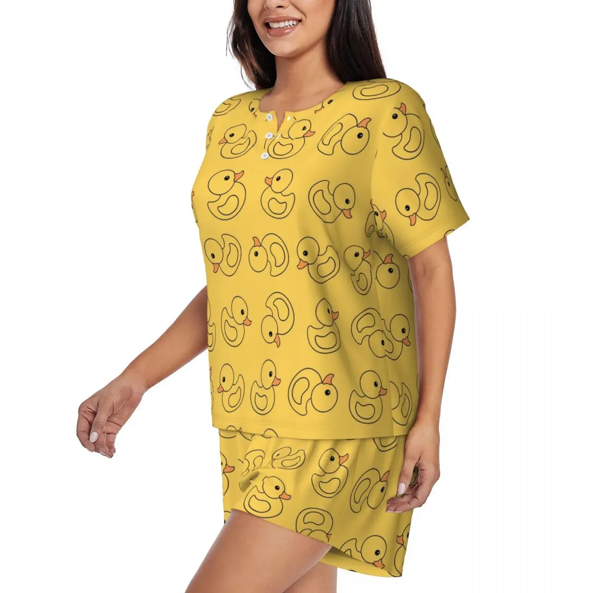 Women's Yellow Rubber Duck Pajamas Set Custom Printed Short Sleeve Gothic Sleepwear Loungewear Pjs 2 Piece Sets