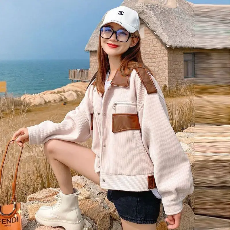 

Corduroy Jacket Women's Short 2023 Autumn New Korean Version Sweet Contrast Color Loose Casual Top Versatile Coat Ins Fashion