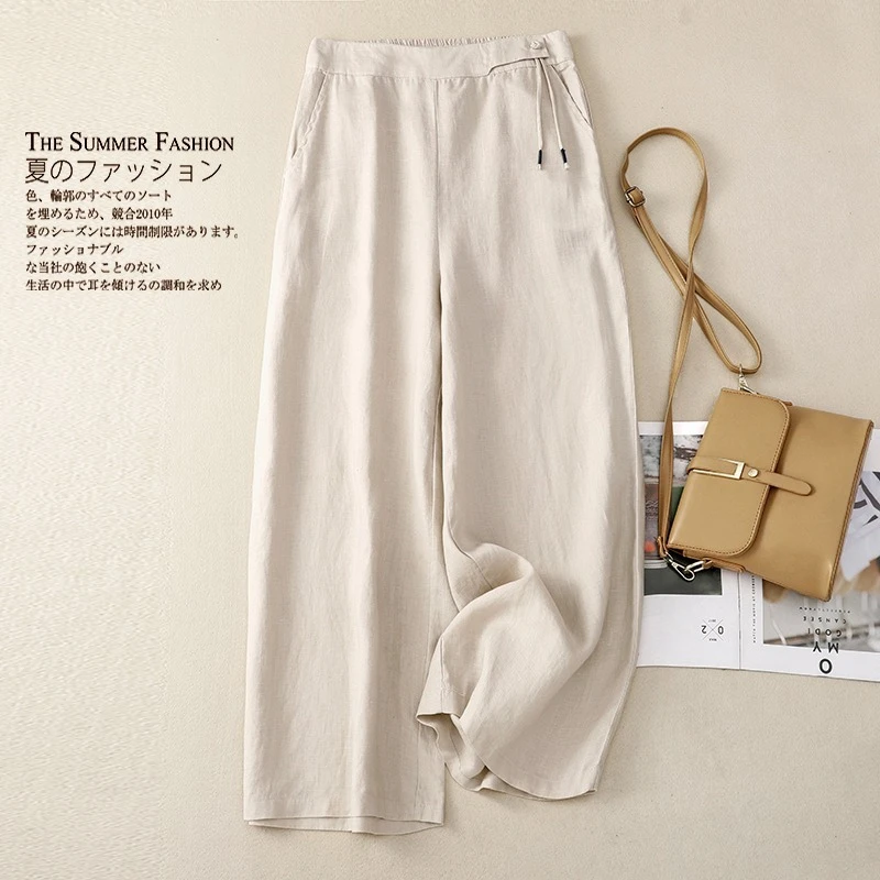 2025 Summer New Solid Colors Cotton and Hemp Wide Leg Cropped Pants