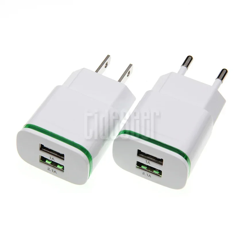 100pcs EU/US Plug LED Light Dual 2 Port USB Charger 5V 2A Wall Adapter Mobile Phone Micro Data Charging for iPad iPhone Samsung