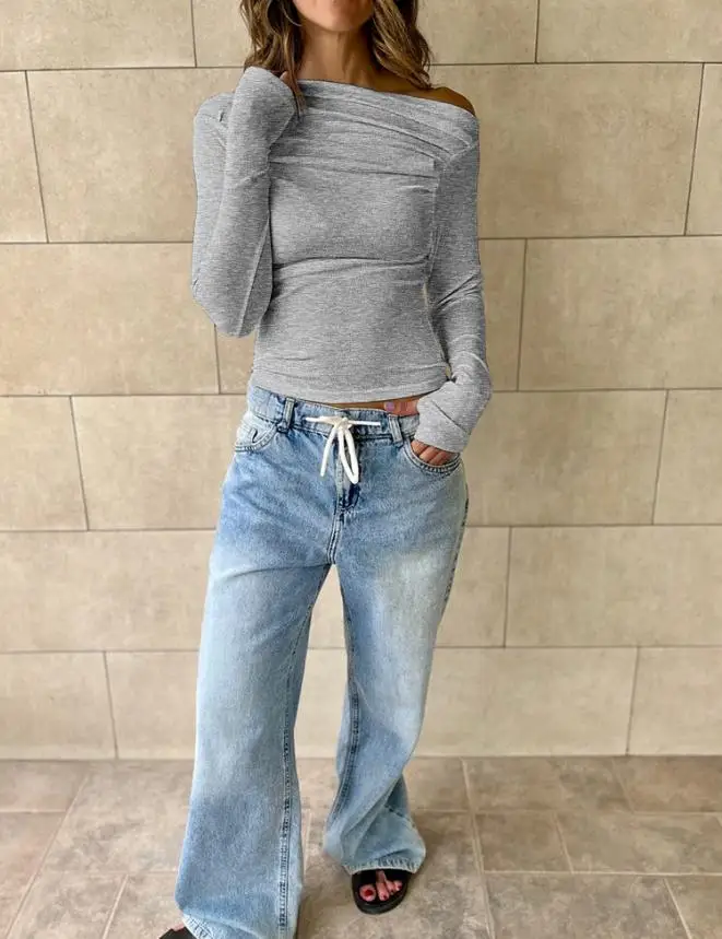 

Футболка с открытыми плечами и длинными рукавами с рюшами, повседневный облегающий топ, женская модная базовая футболка с круглым вырезом