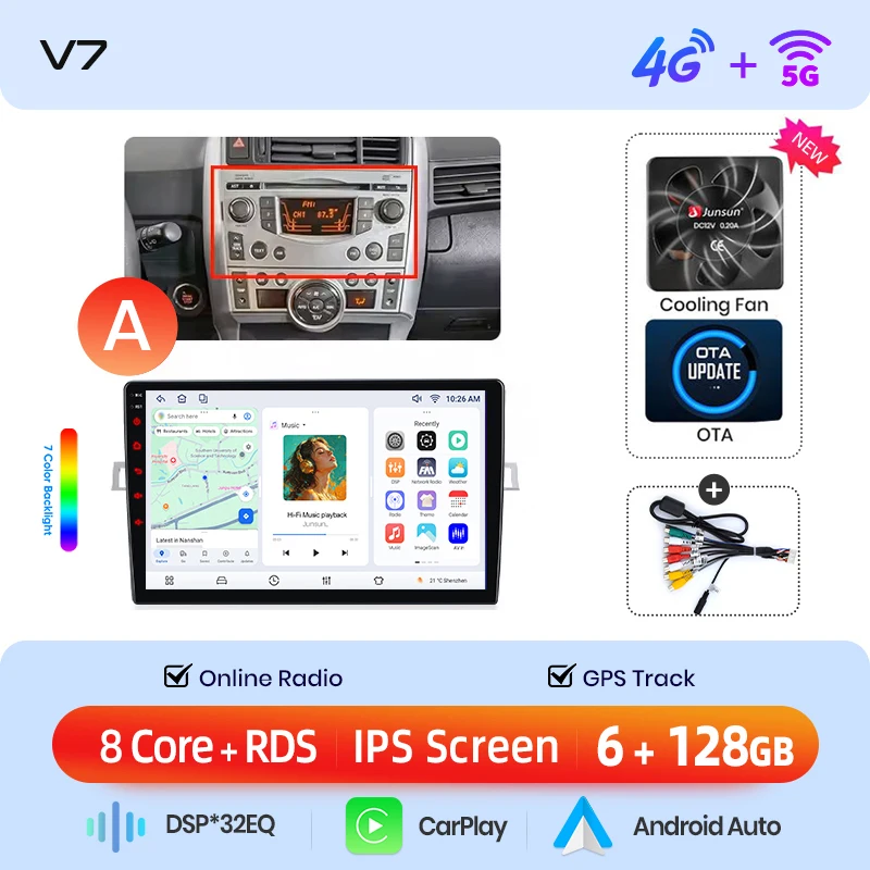 Junsun draadloze CarPlay Android Auto autoradio voor Toyota Verso (ZGR20/AUR20) 2009-2018 met ingebouwde koelventilator, Android GPS navigatie, multimediaspeler, WiFi, DSP, RDS, BT, SWC, IPS