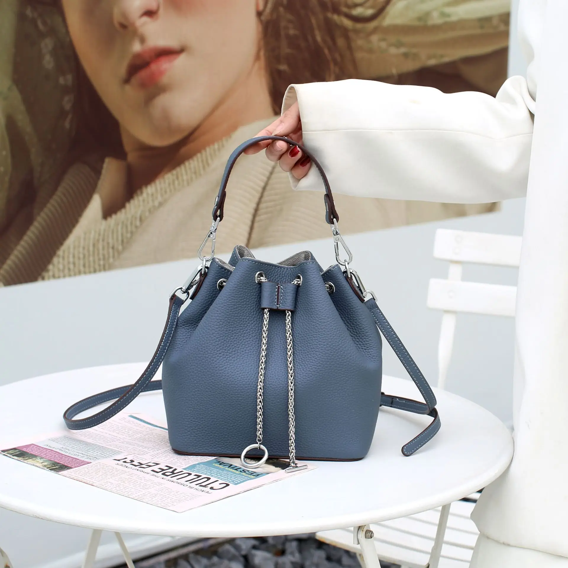 Cow Leather Women\'s Handbag Small Shoulder Crossbody Bag Fashionable Large Capacity Bucket Bag, Pull Rope Closure Soft Leather