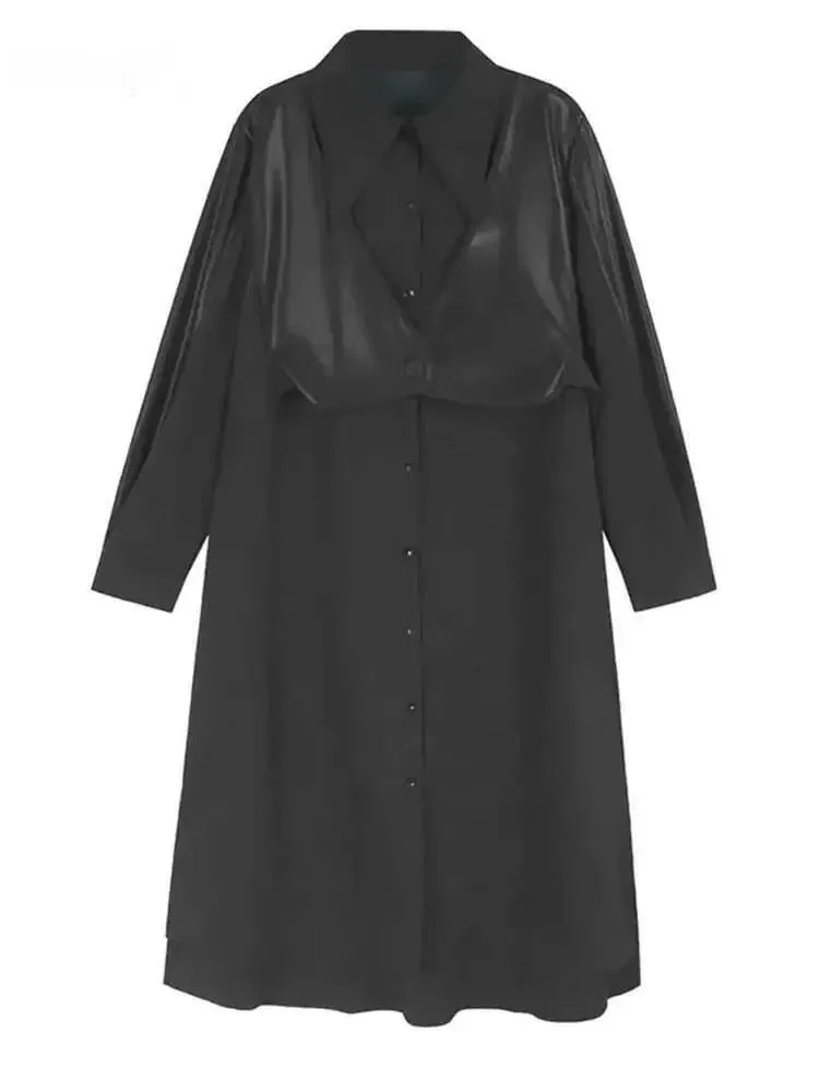 

Women Black Pu Leather Vest False Two Big Size Shirt Dress New Lapel Long Sleeve Fashion Tide Spring Autumn