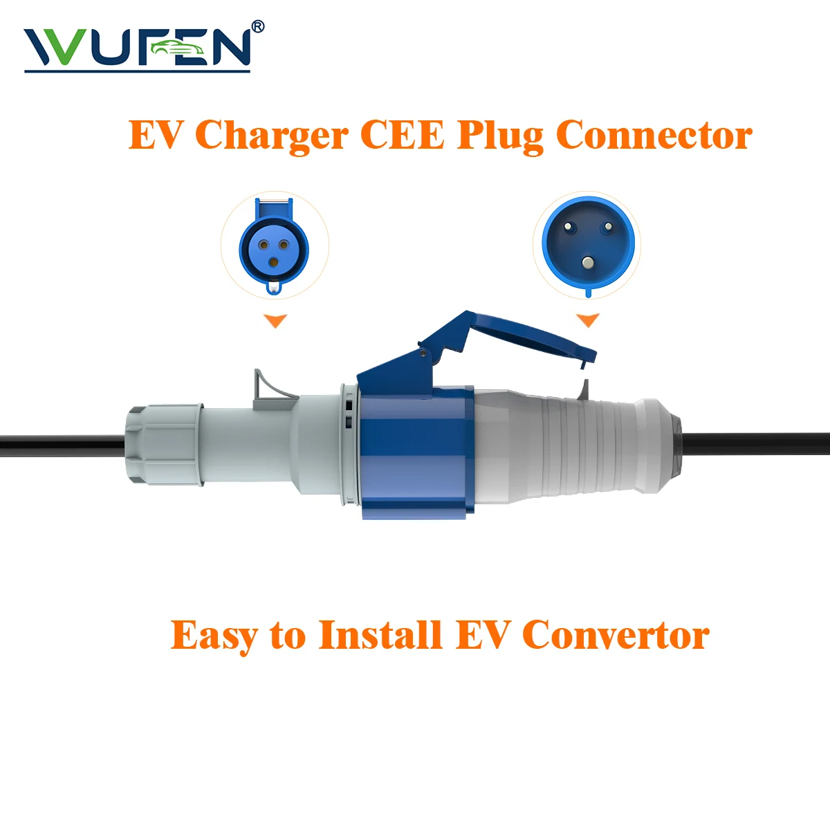 WUFEN EV Charger CEE Female Plug 3 Pins Bule CEE to Schuko Adapter Wall Socket Extend Cable Connect with 7KW 32A 1Phase Charger
