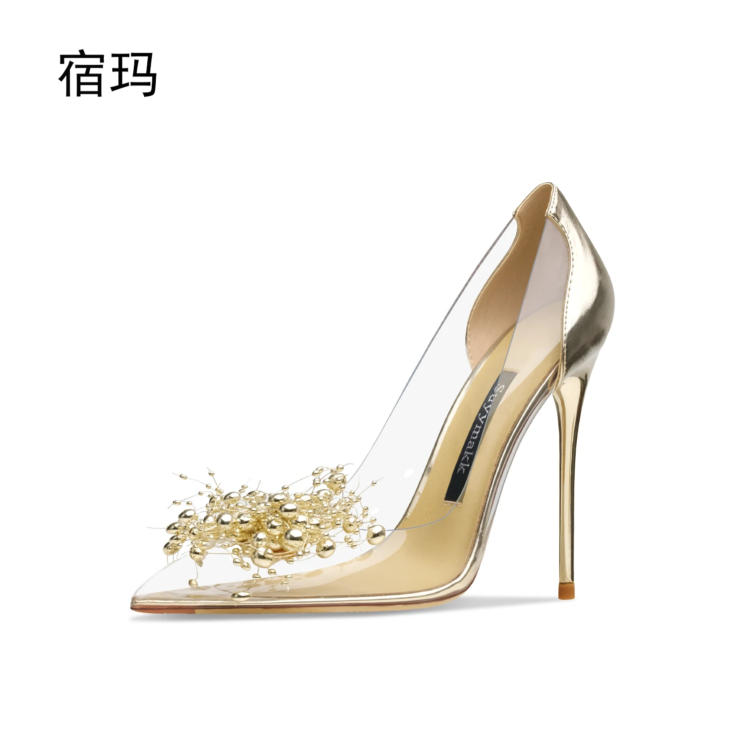 Women's Summer Shoes Designer Luxury Brand Shoes Woman Pointed Toe Sexy Pvc Gold Heels Pumps Chic And Elegant Woman Shoes 10CM