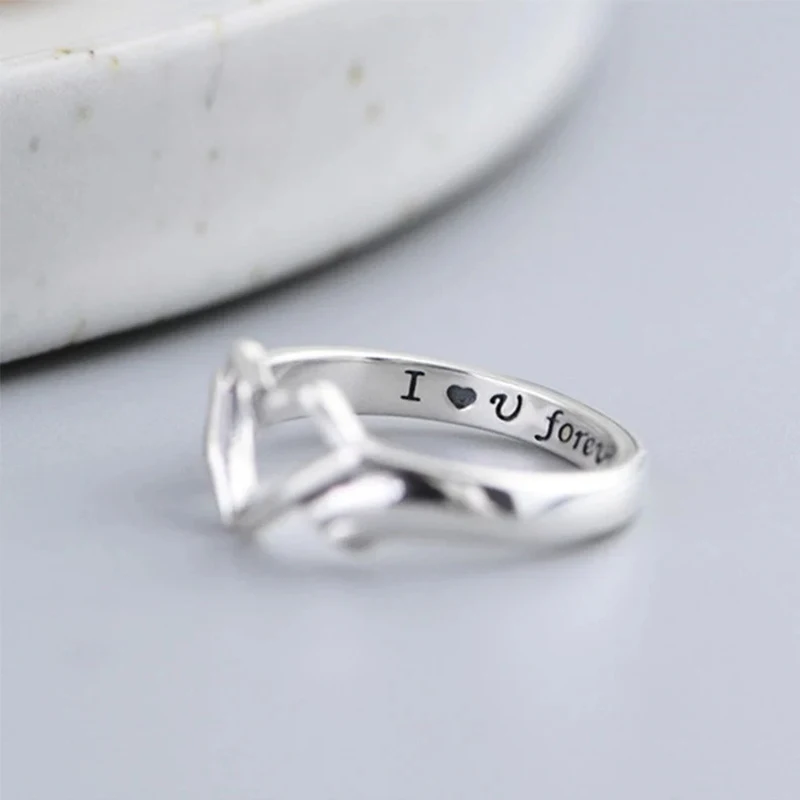 Huitan 925 Sterling Silver Hand Heart Gesture Rings I Love You Forever Engrave Words Girl Accessory Romantic Anniversary Jewelry