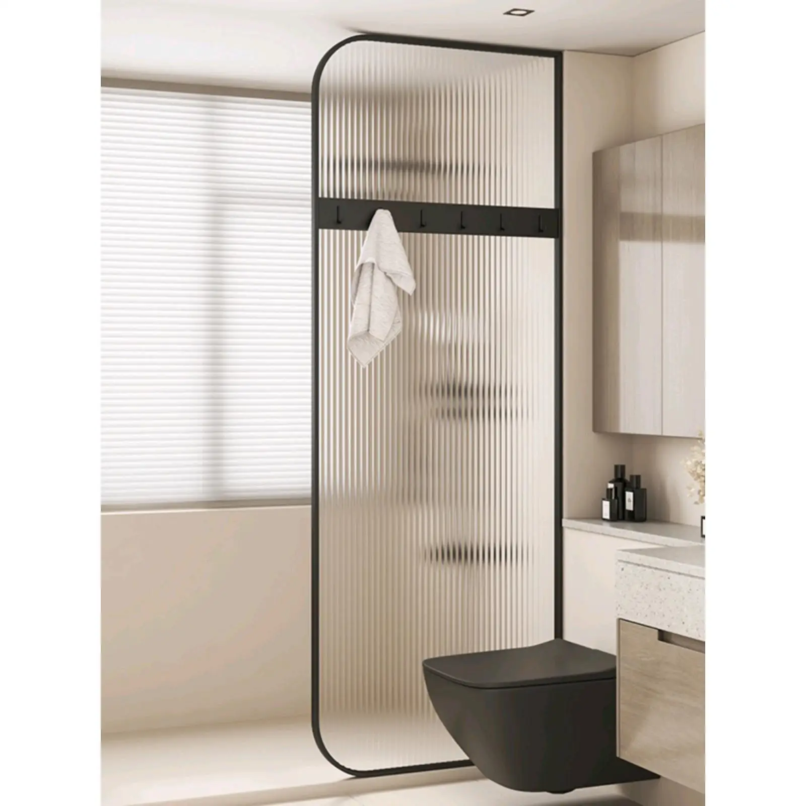 Minimalist glass screen partition bathroom dry and wet separation half wall shielding with hook wrought iron vertical pattern