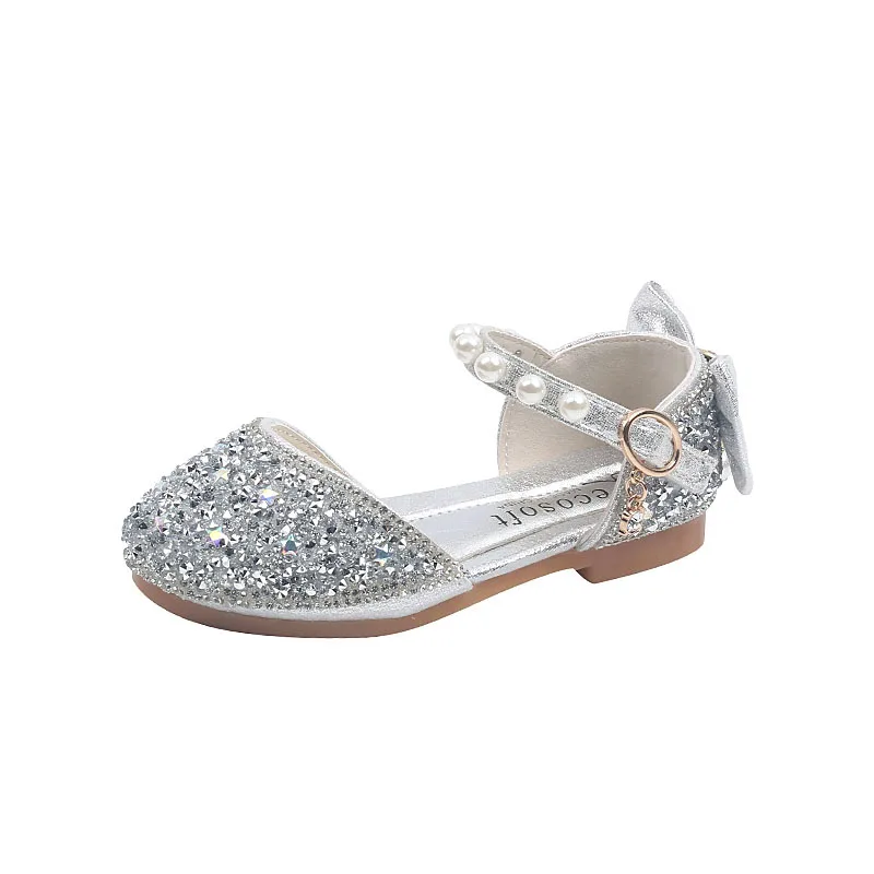 Meisje Sandalen Zomer Nieuwe Pailletten Boog Prinses Schoenen Mode Bling Kids Bruiloft Kinderen Schoenen Soft Flat Antislip sandalen G906