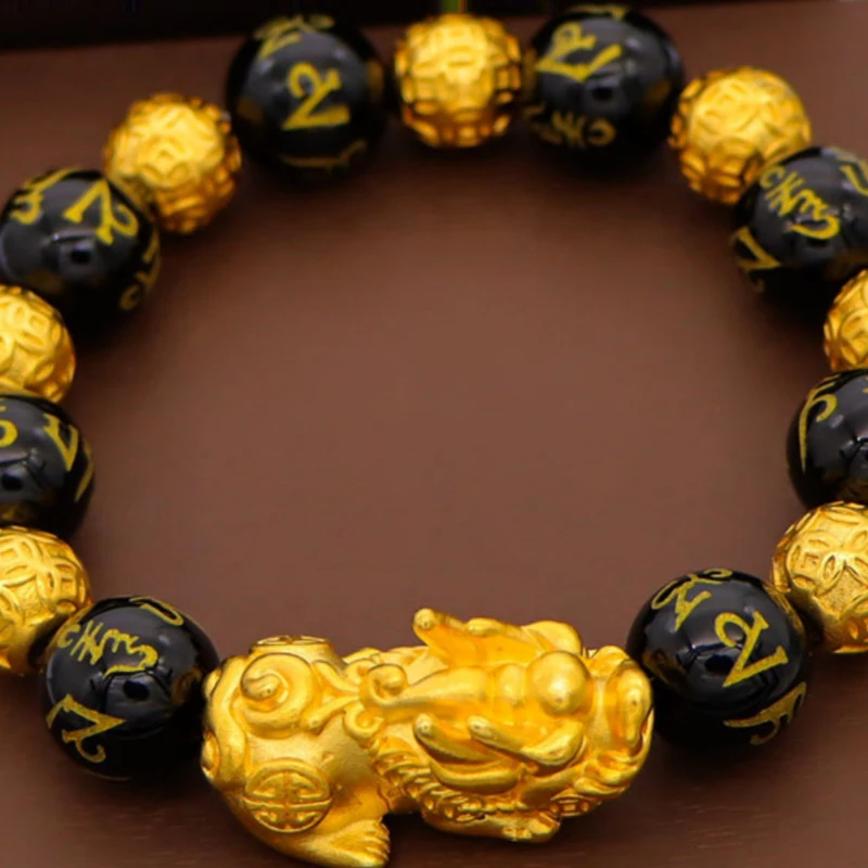 

Аутентичный вьетнамский браслет Pixiu для мужчин, стильный, с имитацией золота 999 пробы, из черного обсидиана, для модных мужчин.