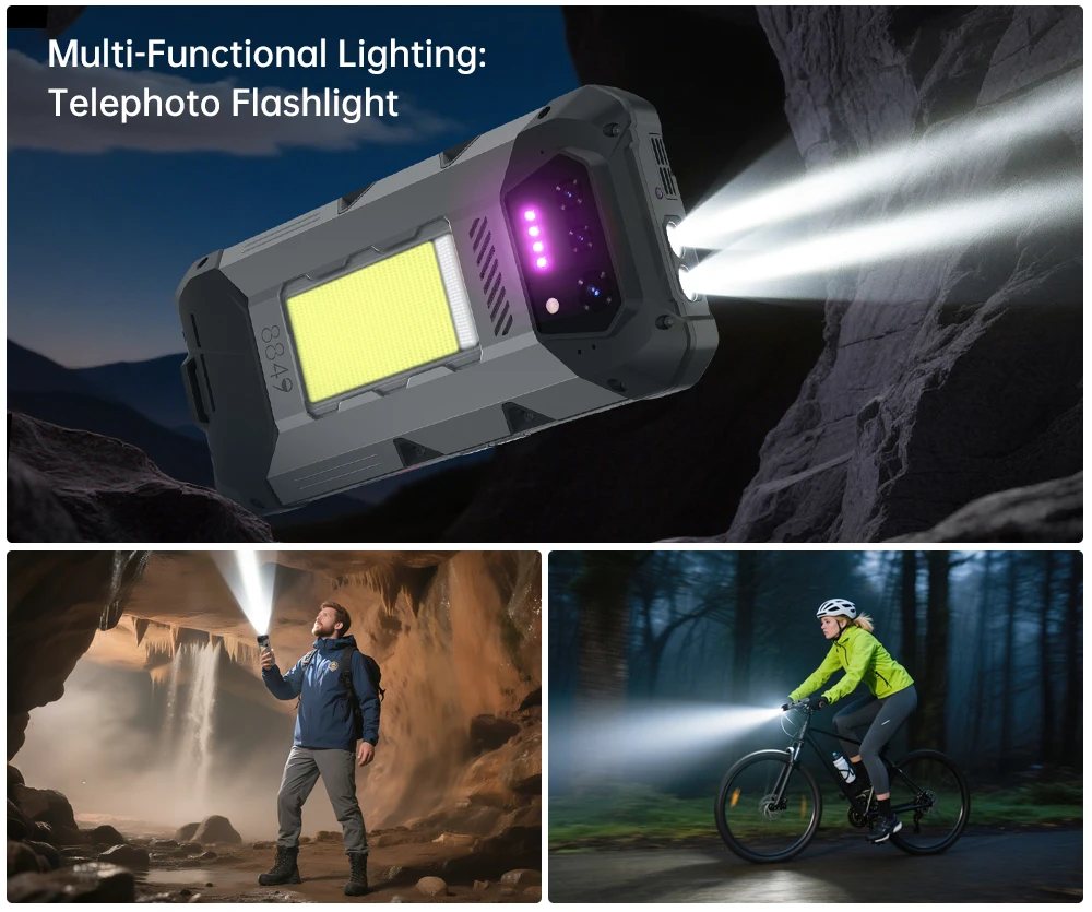 Unihertz Hike 8849 Smartphone Android 14 with 1200 Lumen 200 Meter Flashlight 12GB+512GB Dual Speaker G200 CPU 23800mAh Battery