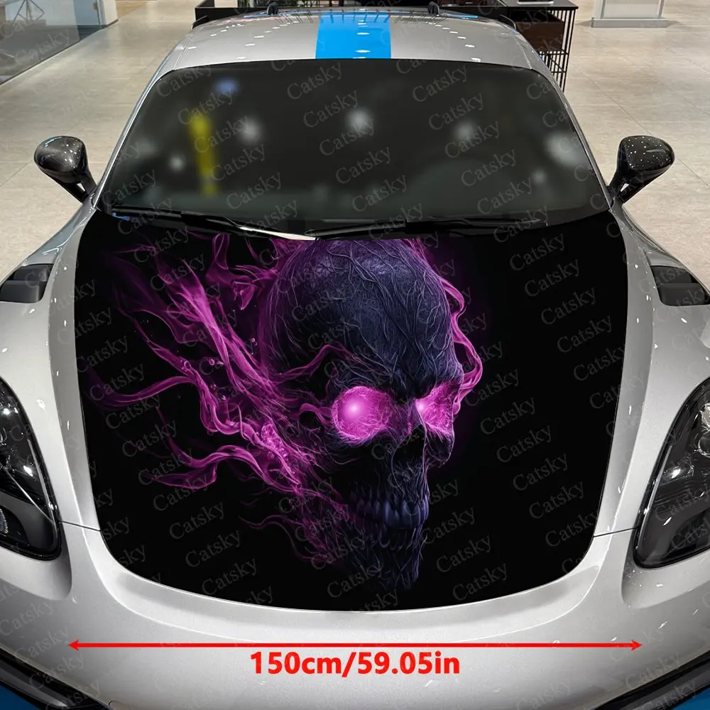 Purple Flame Skull Spirit Car Vinyl Wrap, PVC Waterproof Car Hood Sticker, Self-Adhesive Scratch-Resistant Stickers