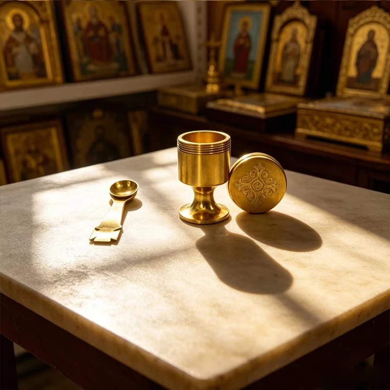 New Portable Metal Travel Communion Chalice 4cm Mini Holy Water Oil Jar with Spoon Gold Silver Orthodox Religious Altar Supplies