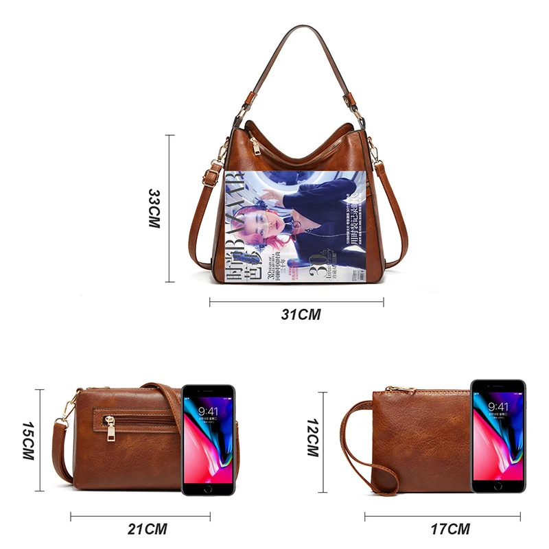 PU Leather Three-piece Women Bag Multi-zip Pocket Bag Retro Tote Bag Large Capacity Shoulde Bag for Female 2023 New Handbag