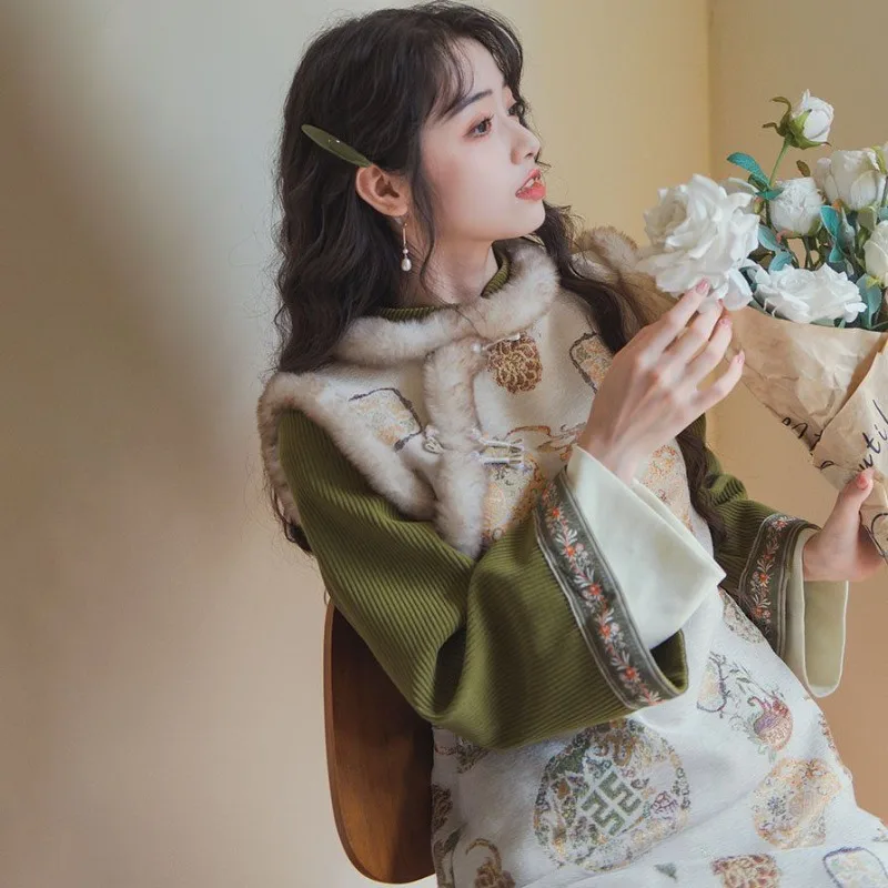 

Новый костюм в китайском стиле в национальном стиле, флисовое и утолщенное высококачественное осенне-зимнее платье, элегантный утягивающий жилет Cheongsam в стиле ретро