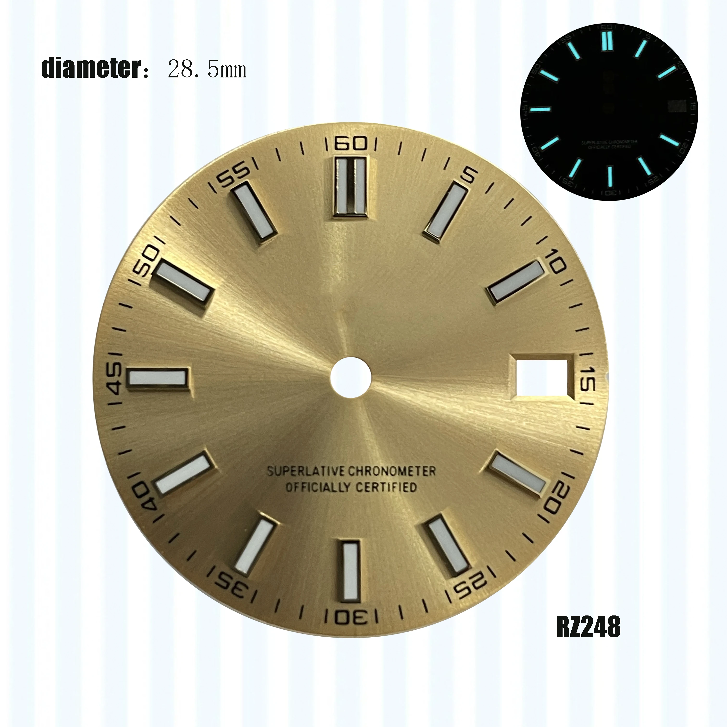 blu luminoso Vendite calde 28,5 mm Lucernario singolo data logo verde Quadrante nh35 36 Movimento automatico 29 mm Logo singolo quadrante blu