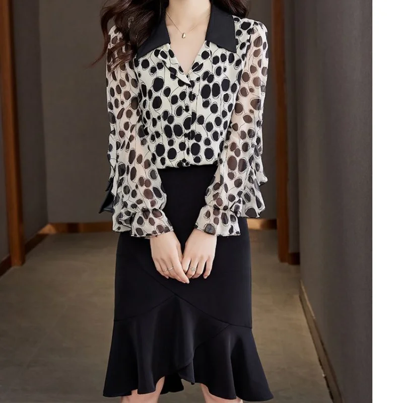 2023 Lente Nieuwe Polka Dot Print Sjaal Kraag Vetersluiting Lange Mouwen Office Lady Comfortabele Leisure Chiffon Shirt Top