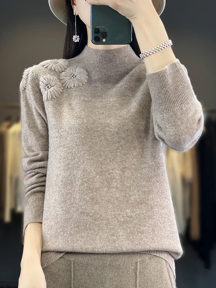 

Classic Autumn Winter Women 100% Merino Wool Sweater Mock Neck Solid Flower Knitted Pullover Casual Basics Cashmere Clothing Top