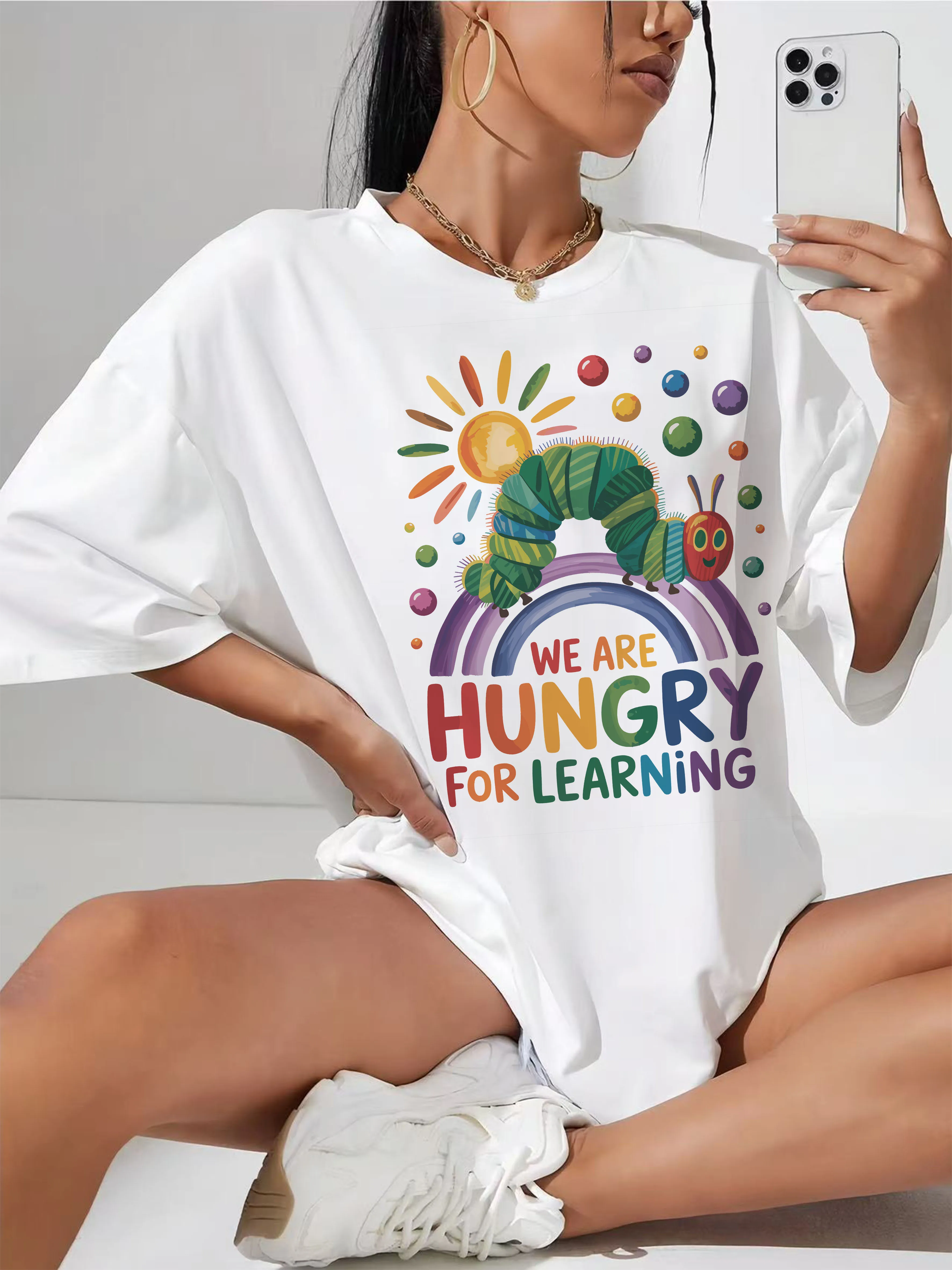 

Свободная белая женская футболка We Are Hungry For Learning, модная, удобная, для повседневной летней одежды для беременных