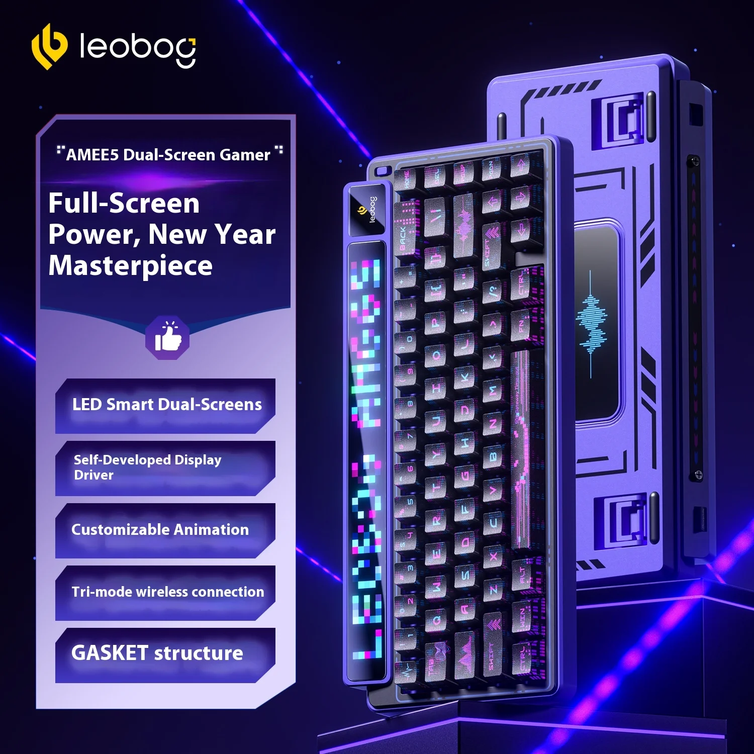 LEOBOG AMG65 Bluetooth Three Mode Mechanical Keyboard 67 Keys Smart Screen RGB Hot Swappable Ergonomic E-sports Gaming Keyboard