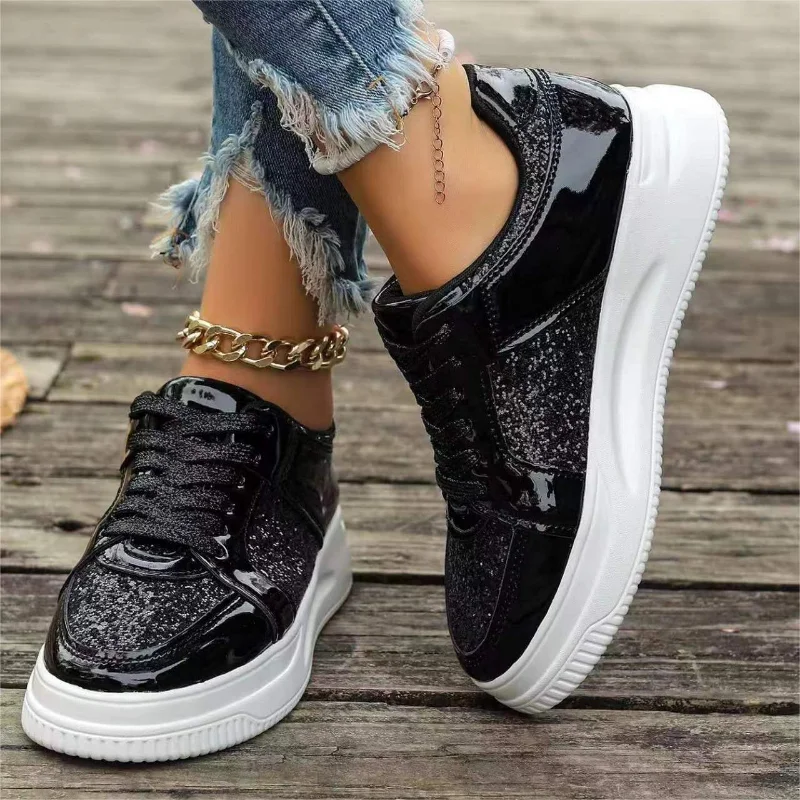 Women's Gold Sequins Platform Sneakers Autumn Fashion Casual Sports Shoes Thick Bottom Vulcanized Shoes Woman Flats Heels Shoes