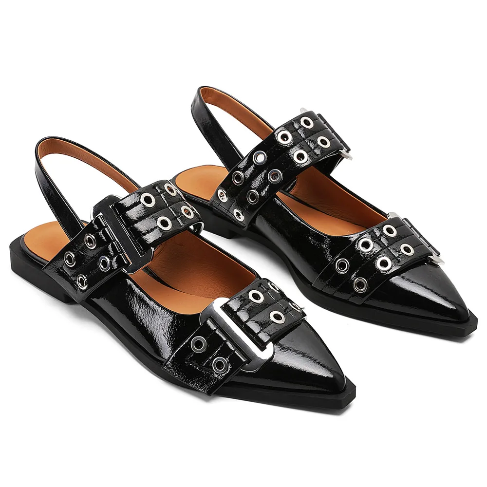 RIBETRINI Fashion Brand New Cover Pointed Toe Flats Back Strap Metal Buckle Design Sandals Dress Leisure All-match Women Shoes