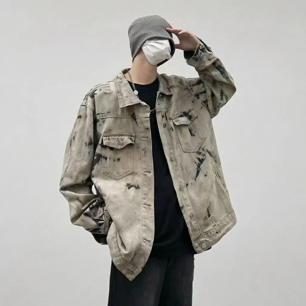 Premium 2026 Men Gray Denim Jackets Coats Loose Vintage Jeans Jackets Autumn Fashionable Denim Coats Outwear Durable Jeans Coats