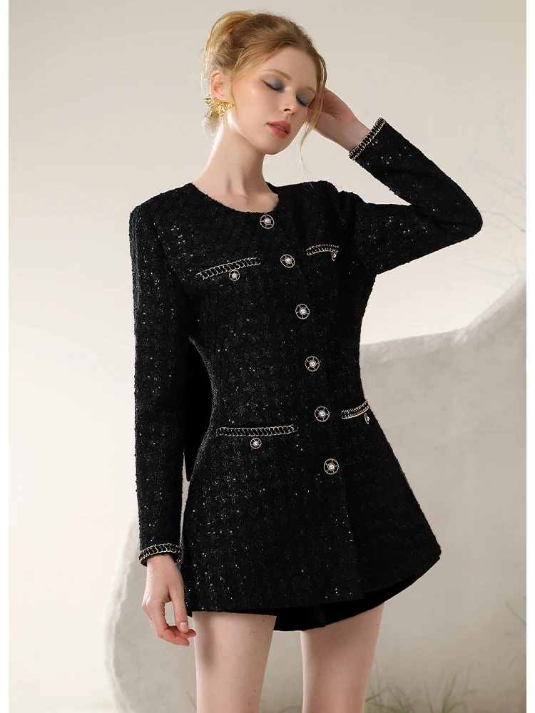 High Quality Designer Niche Black Elegant Woolen Dress Women Autumn and Winter New High Waist Back Velvet Bow Tweed Coat Jacket