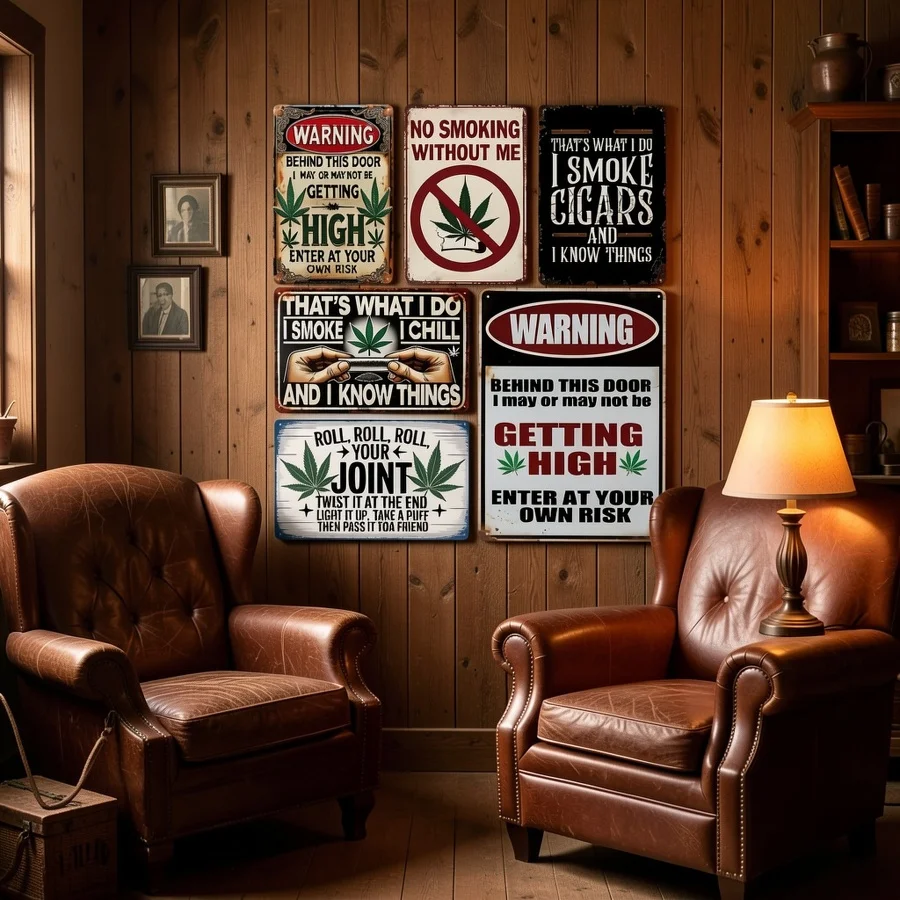 2D Flat, 6pcs Funny Warning Signs Themed Metal Door Decor with 420 Phrases, Retro Pot Humor Signs for Man Cave, & Grow Room, 20.