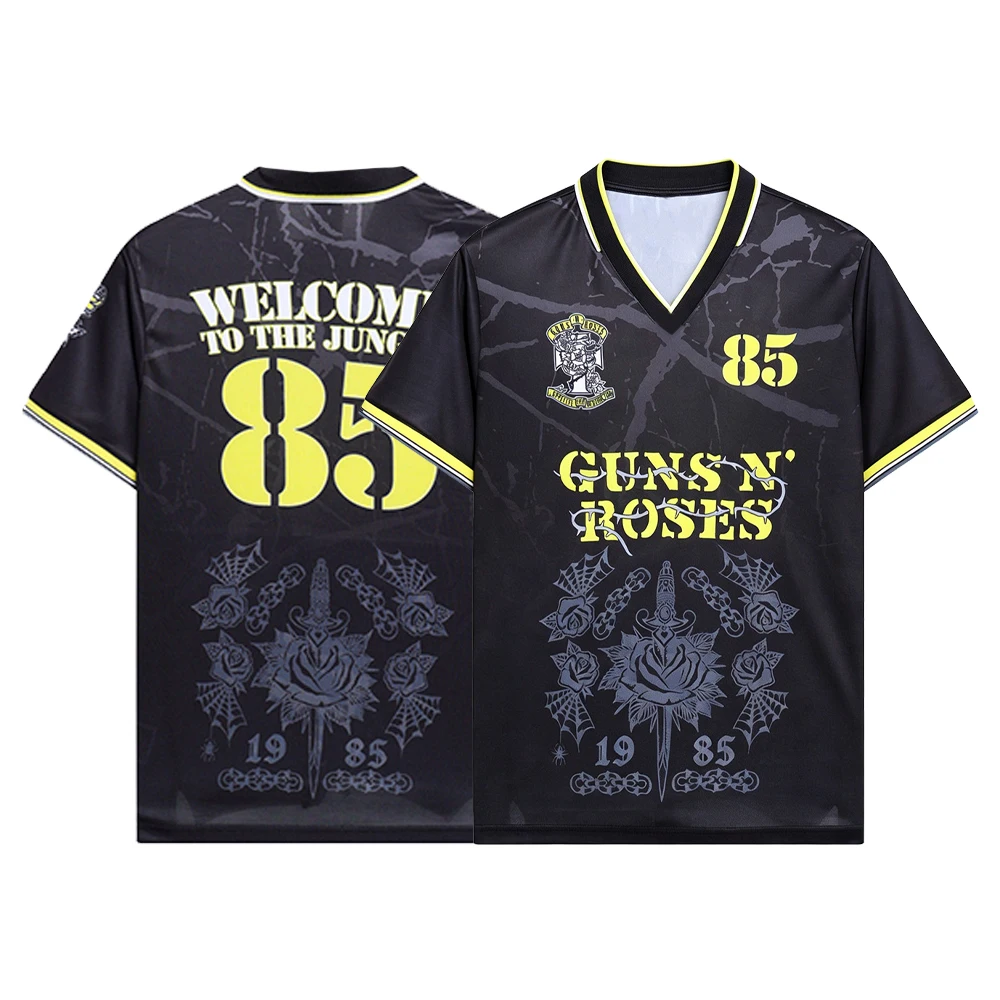 Summer Guns N Roses Welcome To The Jungle 85 Rock Jersey, Y2K Cracked Black Print, Family Matching Band Fan Uniform Sport Tee
