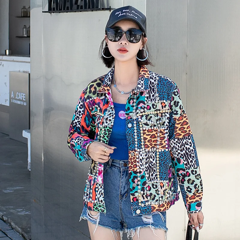 Thailand tide brand 2022 spring and autumn new rivet leopard print loose denim jacket women's versatile cross-border women's clo