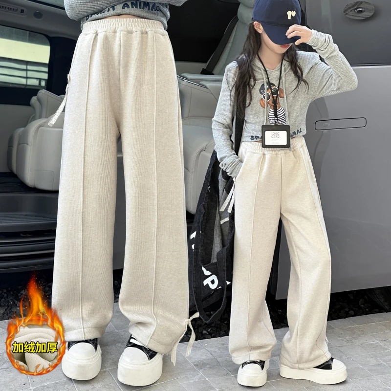 

Girls' Fleece-lined Straight-leg Pants, Bow-tie Casual Wide-leg Pants, Big Kids' Winter Sweatpants, Suitable for Ages 7-14
