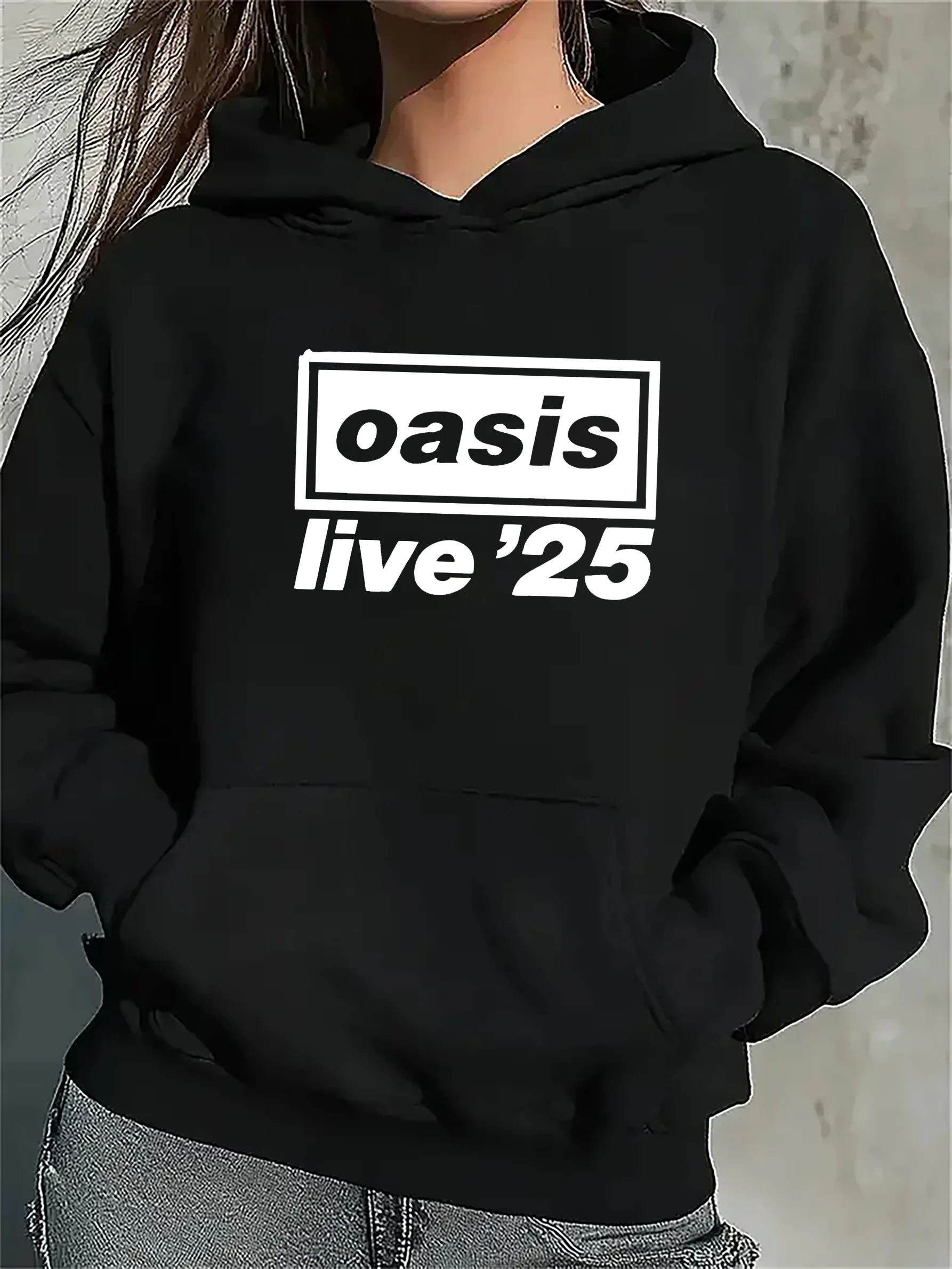 

Women's Black Kangaroo Pocket Casual Long Sleeve Letter Printed Casual Hoodie Minimalist Hoodie