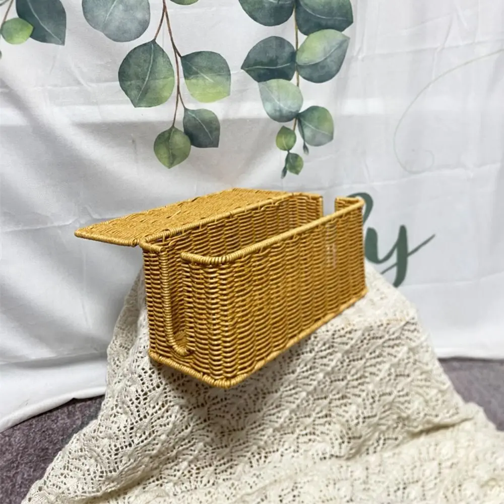 Handwoven Cable Management Box with Lid Hide Power Strip and Router Cord Organizer Hider Box 2 Open Slots Imitation Rattan Box