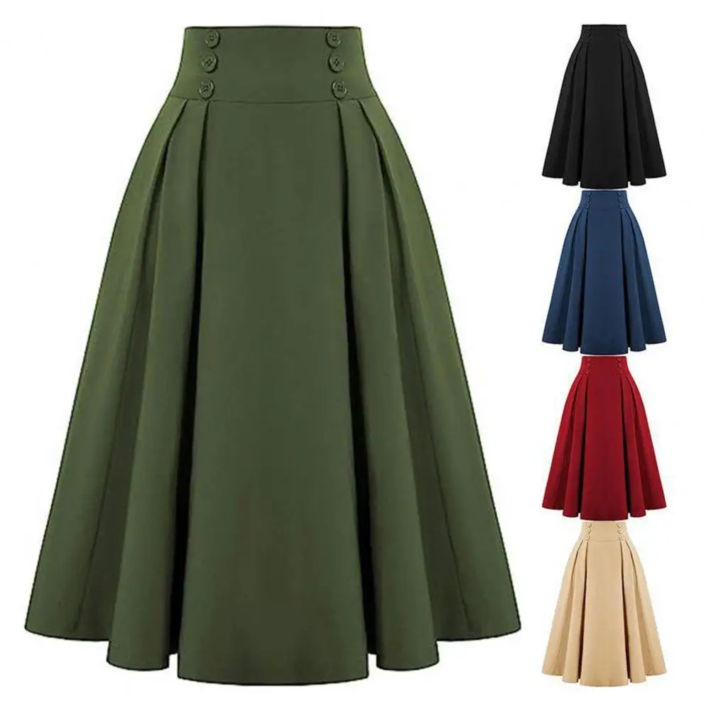 

Women Midi Skirt High Waist Button Decor A-Line Casual Skirt Solid Color Office Lady Skirt with Pockets Workwear 페미닌 스커트