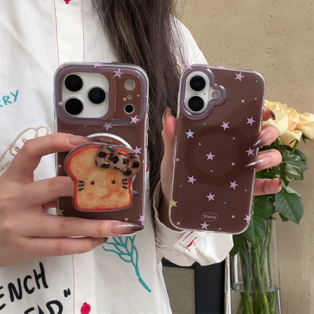 

Korean INS cute star Hellokitty bread magnetic holder phone case for iPhone 16 13 14 15 Pro 17 Pro Max cover cartoon 16Pro Cases