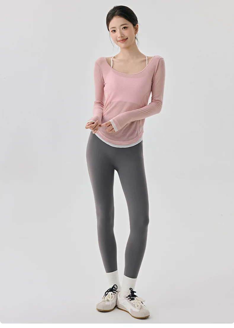 Leichte, leicht transparente Yoga-Tops für Damen, Herbst, locker geschnitten, Fitness-Gym, langärmeliges Sport-Top, großer U-Ausschnitt, Lauf-Workout-Anzug – Detail 5