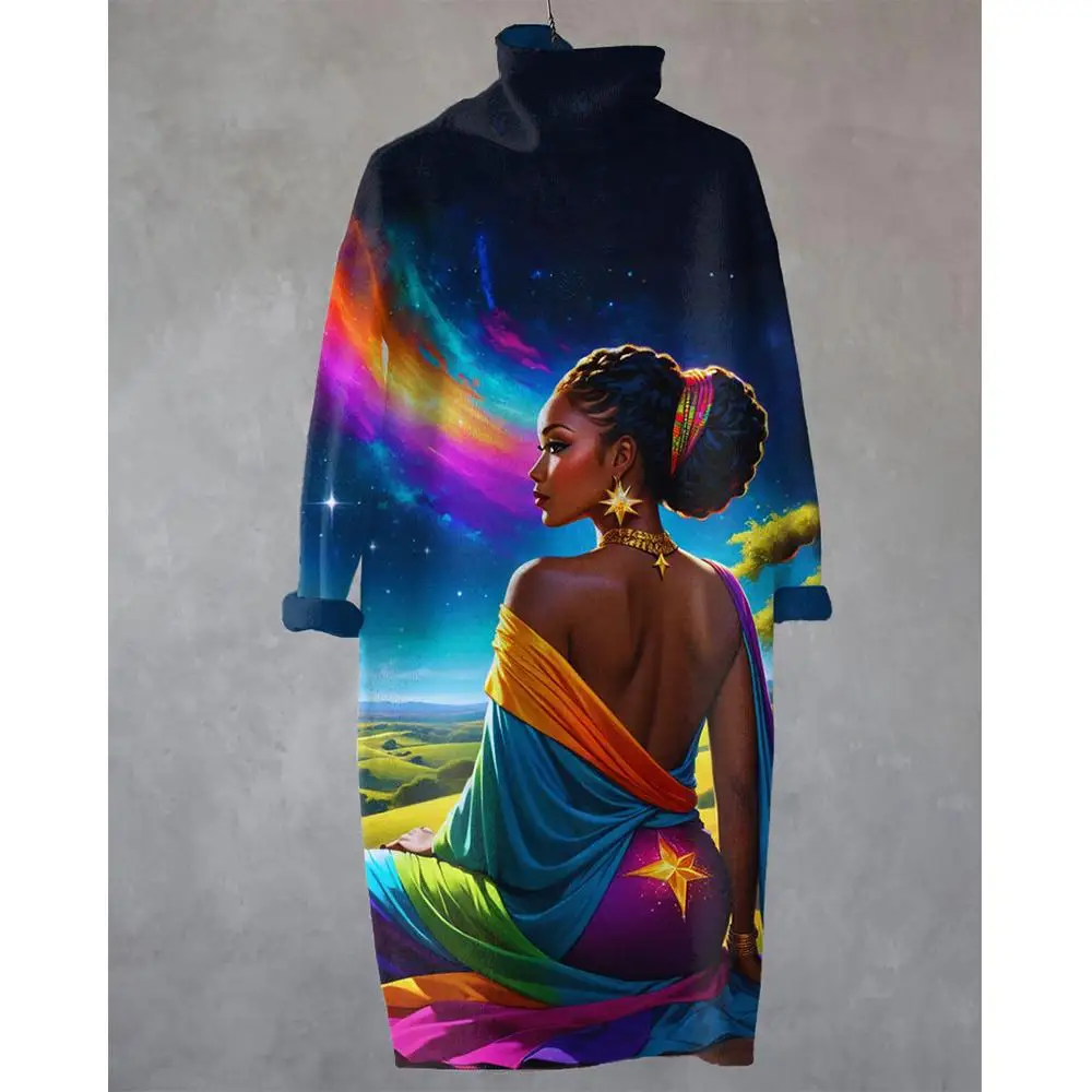فستان نسائي مطبوع فني أفريقي برقبة عالية وأكمام طويلة فستان ميدي فضفاض أنيق وغير رسمي للحفلات/العطلات #3